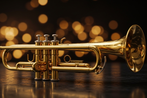 A polished, golden trumpet sits on a dark reflective surface, softly illuminated against a backdrop of bokeh lights. The brass instrument features its valves, pipes and bell, catching the light to display bright sheen. The background glows with out-of-focus points of light in warm tones, creating a festive and atmospheric mood. The image is well-suited for concepts related to music, entertainment, art, celebration or cultural events. It can also serve as a decorative element in designs.